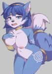  2023 anthro areola blue_body blue_eyes blue_fur blue_hair breasts canid canine ear_piercing ear_ring female fox fur genitals hair hi_res kironzen krystal mammal multicolored_body multicolored_fur navel nintendo nipples nude open_mouth piercing pussy ring_piercing simple_background solo star_fox two_tone_body two_tone_fur 