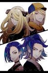  2boys 2girls adaman_(pokemon) aqua_hair blonde_hair blue_hair brown_eyes choker closed_mouth cynthia_(pokemon) hair_ornament hair_over_one_eye hat highres jewelry long_hair looking_at_viewer multicolored_hair multiple_boys multiple_girls neck_ring perrin_(pokemon) pokemon pokemon_(game) pokemon_dppt pokemon_legends:_arceus pokemon_sv ponytail short_hair simple_background takigami_san upper_body volo_(pokemon) yellow_eyes 