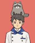  1boy :&lt; animal_on_head black_eyes black_hair blue_neckerchief breast_pocket buttons chef everything_everywhere_all_at_once expressionless grabbing_another&#039;s_hair grey_fur long_sleeves male_focus neckerchief numae_kaeru on_head pocket raccacoonie raccoon red_background shirt short_hair simple_background striped_tail tail whiskers white_shirt 