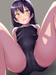  1girl black_hair black_one-piece_swimsuit borgbutler from_below grey_background highres long_hair looking_at_viewer looking_through_thighs love_live! one-piece_swimsuit school_swimsuit simple_background solo sonoda_umi spread_legs swimsuit yellow_eyes 