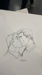  2boys batman_(series) bruce_wayne clark_kent closed_eyes commission couple dan_mora dc_comics highres kiss male_focus mature_male multiple_boys necktie pen_(medium) photo_(medium) profile second-party_source short_hair sideburns sideburns_stubble sketch superman_(series) thick_eyebrows yaoi 