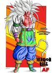  1boy anniversary artist_name belt biceps clenched_hand closed_mouth colored_skin dragon_ball dragon_ball_af empty_eyes english_text full_body highres long_hair monkey_tail muscular muscular_male original pants pectorals pink_skin solo solo_focus spiked_hair standing super_saiyan super_saiyan_5 tablos_(dragon_ball) tablosaf tail white_fur white_hair 