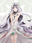  1girl bare_shoulders circlet closed_mouth feather_hair_ornament feathers fire_emblem fire_emblem_engage gloves hair_ornament highres long_hair looking_at_viewer multicolored_hair purple_eyes sakura_no_yoru solo standing two-tone_hair very_long_hair veyle_(fire_emblem) white_gloves 