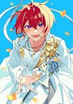  1boy absurdres blue_background blush buttons commentary earrings ensemble_stars! flower gold_necklace heidbd highres jewelry lapels long_sleeves lower_teeth_only male_focus necklace notched_lapels open_mouth purple_eyes red_hair short_hair single_earring solo suou_tsukasa teeth 