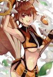  1girl acorn animal_ears antenna_hair arm_up armpits bare_shoulders blazblue breasts brown_hair curly_hair hair_between_eyes highres large_breasts levvellevvel looking_at_viewer makoto_nanaya navel open_mouth red_eyes revealing_clothes solo squirrel_ears squirrel_girl squirrel_tail stomach tail underboob 