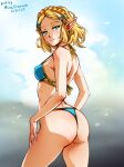  1girl artist_name ass bikini blonde_hair blue_bikini blue_sky blurry blurry_background braid breasts cloud crown_braid dated elf english_commentary gold_trim green_eyes looking_at_viewer mina_cream paid_reward_available parted_lips pointy_ears princess_zelda sky small_breasts solo strap_gap swimsuit the_legend_of_zelda the_legend_of_zelda:_tears_of_the_kingdom thighs triforce triforce_earrings 