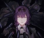  1girl black_jacket chest_harness collared_shirt eyewear_on_head gun handgun harness highres honkai:_star_rail honkai_(series) jacket john_wick kafka_(honkai:_star_rail) looking_at_viewer parted_lips pointing_gun purple-tinted_eyewear purple_eyes purple_hair round_eyewear shirt solo_focus sunglasses tinted_eyewear weapon zassyoku_dd 