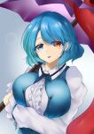  1girl absurdres blue_eyes blue_hair breasts commentary_request heterochromia highres holding holding_umbrella karakasa_obake large_breasts long_sleeves looking_at_viewer poke200 purple_umbrella red_eyes short_hair solo tatara_kogasa tongue tongue_out touhou umbrella upper_body 