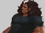  1boy bara black_hair dark-skinned_male dark_skin earrings full_beard jewelry jona-draws large_pectorals looking_ahead male_focus mature_male mauga_(overwatch) muscular muscular_male overwatch overwatch_1 pectorals shirt smirk solo strongman_waist t-shirt thick_eyebrows upper_body 