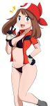  1girl bandana bikini black_bikini blue_eyes bow_hairband breasts brown_hair feet_out_of_frame grey_eyes grey_socks hairband holding holding_poke_ball may_(pokemon) medium_hair notice_lines open_clothes open_shirt pabsmikan poke_ball pokemon pokemon_(anime) red_bandana red_shirt shirt simple_background small_breasts smile socks solo standing swimsuit two-tone_gloves white_background 