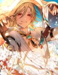  1boy arms_up black_gloves blonde_hair blurry blurry_foreground blush cape cape_lift commentary_request depth_of_field earrings eyelashes falling_petals feather_hair_ornament feathers fingerless_gloves fingernails flower genshin_impact gloves gold_trim grin hair_between_eyes hair_ornament jewelry kaveh_(genshin_impact) light_particles light_rays long_hair long_sleeves looking_at_viewer male_focus necklace open_clothes open_shirt parted_bangs pectorals petals red_cape red_eyes shirt sidelocks smile solo tassel teeth upper_body urashima_(hidoro_mgmg) white_flower white_shirt 