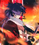  1boy abs blood cuts embers facial_hair fate/grand_order fate_(series) fire glint hadanugi_dousa hair_over_one_eye headband highres holding holding_sword holding_weapon injury japanese_clothes katana kimono long_hair looking_at_viewer male_focus multiple_swords nagatekkou okada_izou_(fate) okada_izou_(third_ascension)_(fate) pectorals pirohi_(pirohi214) ponytail purple_hair red_kimono scarf smile solo stubble sword toned toned_male torn_clothes upper_body weapon white_scarf yellow_eyes 