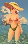  1girl absurdres animal artist_name beach bikini blue_eyes blue_sky braid braided_ponytail breasts cloud day food_print geraldjess1 hat highres holding holding_animal looking_at_viewer mixed-language_commentary mountainous_horizon navel ocean outdoors ranma_1/2 red_hair single_braid sky smile solo standing straw_hat swimsuit wading water watermelon_print 