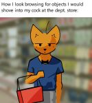 2023 aisle anthro blurred_background bow_tie canid canine cel_shading clothing dale_(daleport996) daleport996 english_text fist fox fur head_tuft holding_object inner_ear_fluff inside looking_at_viewer male mammal meme orange_body orange_fur outline red_fox shaded shelf shirt shitpost shopping_basket solo standing store story story_at_source story_in_description t-shirt text topwear tuft 
