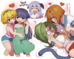  5girls arm_behind_back bare_shoulders bell blonde_hair blunt_bangs blush breasts brown_hair character_request clenched_hand clenched_teeth closed_eyes collarbone commentary_request cropped_legs dot_nose dress english_text facing_viewer fang green_eyes green_hair hair_between_eyes hairband heart higurashi_no_naku_koro_ni long_hair looking_away multiple_girls multiple_views navel neck_bell open_mouth purple_eyes sailor_collar sanjiro_(tenshin_anman) sanpaku school_uniform serafuku shirt short_shorts short_sleeves shorts sleeveless tail tareme teeth thick_thighs thighs translation_request upper_body white_background white_shirt wing_collar 
