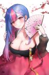  1girl bing_hayu blue_hair blue_nails blush breasts cleavage closed_mouth colored_inner_hair detached_sleeves earrings folding_fan gradient_hair hair_ornament hairclip hand_fan highres holding holding_fan jewelry large_breasts long_sleeves looking_at_viewer luvdia multicolored_hair nail_polish noixen pink_hair pink_skirt red_eyes see-through signature simple_background single_bare_shoulder skirt smile solo strapless streaked_hair stud_earrings virtual_youtuber watch white_background 