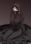  1girl absurdres angry black_cloak black_hair breasts cloak covered_mouth covered_nipples fate/strange_fake fate_(series) forehead full_body gradient_background grey_background highres hood hood_up hooded_cloak large_breasts legs long_hair looking_at_viewer no_name_assassin_(fate) red_eyes red_ribbon ribbon sitting sleeves_past_fingers sleeves_past_wrists solo wariza woo_(woosan) 