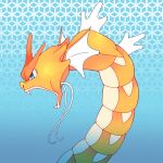  alternate_color blue_background blue_eyes colored_skin fangs fins from_side gyarados highres monster no_humans open_mouth orange_skin pokemon pokemon_(creature) solo upper_body vergolophus 