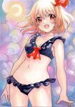  1girl artist_name bare_arms bare_legs bare_shoulders bikini black_bikini blonde_hair blush cowboy_shot dated hair_between_eyes hair_ribbon highres mosho navel open_mouth red_eyes red_ribbon ribbon rumia short_hair signature smile solo swimsuit touhou traditional_media 