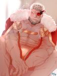  1boy absurdres balor_(housamo) bara bare_pectorals beard bulge cape chest_hair facial_hair feet_out_of_frame flaming_eye fur-trimmed_cape fur_trim glowing glowing_eye highres large_pectorals male_focus male_underwear mature_male multicolored_hair muscular muscular_male navel navel_hair nipples official_alternate_costume pectorals route_(ealger50703) scar scar_on_arm scar_on_chest scar_on_leg short_hair sitting solo stomach tokyo_afterschool_summoners tusks two-tone_beard two-tone_hair underwear yellow_male_underwear 