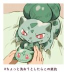  1other border bright_pupils bulbasaur character_doll claws commentary_request doll holding holding_doll looking_down matsuri_(matsuike) mouth_hold pokemon pokemon_(creature) pulling red_eyes sweat translation_request trembling white_border white_pupils 