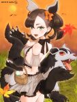  1girl animal_ears asymmetrical_bangs bag bird black_bow black_bowtie black_hair bow bowtie breasts candy commentary_request dated fake_animal_ears fake_claws fake_tail falling_leaves fang field food grass green_eyes halloween_costume holding holding_bag leaf looking_at_viewer m12ki maple_leaf marnie_(pokemon) mightyena open_mouth orange_bow orange_bowtie pokemon pokemon_(game) red_eyes short_hair sideboob small_breasts solo tail teeth white_nails wolf wolf_ears wolf_tail 