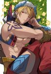  1boy abs bare_pectorals bare_shoulders blonde_hair cropped_vest earrings fate/grand_order fate_(series) floral_background gauntlets gilgamesh_(caster)_(fate) gilgamesh_(fate) hair_between_eyes hand_on_own_face highres jewelry legs_up looking_at_viewer male_focus no_shirt none_(kameko227) one_eye_closed pectorals red_eyes short_hair shoulder_tattoo single_gauntlet sitting sleeveless solo tattoo turban vest wristband 
