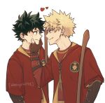  2boys abbys4198 alternate_costume artist_name bakugou_katsuki blonde_hair blush boku_no_hero_academia brown_gloves closed_mouth commentary crossover english_commentary eye_contact freckles gloves green_eyes green_hair gryffindor harry_potter_(series) highres looking_at_another male_focus midoriya_izuku multiple_boys red_eyes short_hair simple_background smile spiked_hair upper_body white_background wizarding_world 