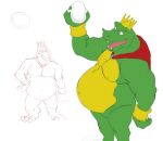  2012 anthro belly big_belly canson cape chubby_anthro chubby_male claws clothing colored_sketch crocodilian crown crystal_coconut cuff_(restraint) donkey_kong_(series) fangs headgear holding_object king_k._rool kremling looking_up male mostly_nude navel nintendo nipples open_mouth overweight overweight_anthro overweight_male raised_arm reptile restraints scales scalie shackles sketch slightly_chubby solo standing teeth toe_claws 