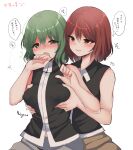  1girl 1other androgynous black_shirt blush genderswap genderswap_(otf) grabbing grabbing_another&#039;s_breast grabbing_from_behind green_eyes green_hair groping highres incest len&#039;en ougi_hina red_eyes red_hair shirt shitodo_aoji shitodo_hooaka short_hair shorts sleeveless sleeveless_shirt translation_request 