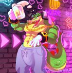  2023 alcohol anthro beer beverage big_bulge blush bottomwear bulge clothed clothing crocodile crocodilian crocodylid drunk green_body hi_res looking_at_viewer male open_mouth reptile scalie sega solo sonic_the_hedgehog_(series) substance_intoxication tentabat tongue tongue_out topless vector_the_crocodile 