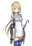  1girl aiz_wallenstein armor armored_skirt ashizuki black_gloves blonde_hair blue_footwear blush breasts dress dungeon_ni_deai_wo_motomeru_no_wa_machigatteiru_darou_ka elbow_gloves gloves highres knee_boos long_hair looking_at_viewer solo standing sword very_long_hair weapon white_dress yellow_eyes 