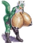  2023 anthro balls bent_over big_balls big_breasts big_butt big_penis black_nipples black_nose black_penis breasts butt canid canine clothing dipstick_ears dragon erection fox genitals gloves_(marking) green_eyes gynomorph hair hi_res huge_breasts hybrid intersex jin_(jindragowolf) jindragowolf leg_markings long_tongue looking_at_viewer mammal markings multicolored_ears muscular nipples penis scalie shirt simple_background smile socks_(marking) solo tail tank_top thick_thighs tongue tongue_out topwear white_hair 