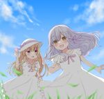  2girls :d aged_down arm_at_side assault_lily benini blonde_hair blue_sky blunt_bangs blurry blush bow braid cloud crossed_bangs day depth_of_field dress feet_out_of_frame floating_hair frilled_dress frills grass grey_hair hair_between_eyes hair_ribbon hand_on_headwear hand_up hat hat_bow highres kon_kanaho long_hair looking_at_another looking_at_object miyagawa_takane multiple_girls open_mouth outdoors puffy_short_sleeves puffy_sleeves purple_bow purple_eyes purple_ribbon raised_eyebrows ribbon short_sleeves side_braid sidelocks sky smile standing sun_hat white_dress white_headwear yellow_eyes 
