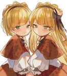  1boy 1girl blonde_hair blush bow bow_hairband bowtie braid brown_bow brown_bowtie brown_capelet brown_hairband brown_skirt capelet closed_mouth commentary crown_braid green_eyes hair_bow hairband highres inudogsaikou lobotomy_corporation long_hair long_sleeves looking_at_viewer medium_hair project_moon puffy_long_sleeves puffy_sleeves shirt simple_background skirt smile tiphereth_a_(project_moon) tiphereth_b_(project_moon) upper_body very_long_hair white_background white_shirt 