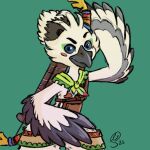  2023 anthro arrow_(weapon) avian beak biped bird blue_eyes bow_(weapon) breath_of_the_wild clothed clothing colored feather_hands feathers gillian_slaunwhite green_background hi_res looking_at_viewer male nintendo ranged_weapon rito signature simple_background solo standing tears_of_the_kingdom the_legend_of_zelda tulin_(tloz) weapon white_body white_feathers 