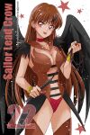  1girl bishoujo_senshi_sailor_moon black_wings bracer breasts brown_hair brown_leotard choker cleavage collarbone cowboy_shot dangle_earrings detached_collar earrings feather_hair_ornament feather_trim feathered_wings feathers fingernails hair_ornament head_chain highres holding holding_whip jewelry large_breasts leotard long_fingernails long_hair nail_polish red_choker red_eyes red_lips red_nails revealing_clothes sailor_collar sailor_lead_crow sarashina_kau signature smile solo star_(symbol) twitter_username white_background wings 