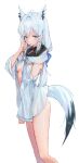  1girl absurdres amolla28293647 animal_ears ascot bare_legs blue_ascot blue_eyes bottomless braid breasts detached_sleeves fox_ears fox_girl fox_tail hair_between_eyes highres hololive long_hair looking_at_viewer open_clothes open_mouth shirakami_fubuki shirakami_fubuki_(1st_costume) side_braid simple_background small_breasts solo tail virtual_youtuber white_background white_hair 