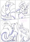  absurd_res aogami blush border canid canine comic comic_panel dialogue eeveelution embarrassed english_text female feral fox generation_1_pokemon generation_6_pokemon hi_res male mammal ninetales nintendo pokemon pokemon_(species) sylveon text white_border 