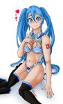  blue_eyes blue_hair blush bra hatsune_miku highres long_hair looking_at_viewer non-web_source number_tattoo open_clothes open_shirt panties sitting skirt skirt_removed solo striped striped_bra striped_panties tattoo thighhighs twintails underwear 
