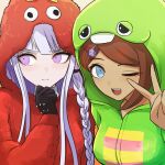  2girls :d ;d animal_crossing asahina_aoi black_gloves blue_eyes braid breasts cat_hair_ornament cosplay danganronpa:_trigger_happy_havoc danganronpa_(series) dark-skinned_female dark_skin gloves hair_ornament hand_up highres kigurumi kirigiri_kyoko large_breasts long_hair long_sleeves masuda_(agga) multiple_girls one_eye_closed open_mouth pink_eyes side_braid sideways_glance single_braid smile teeth upper_body upper_teeth_only v 