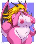  anthro areola big_breasts blonde_hair blush breasts dragon dragon_magician_girl_(ymbk) duel_monster female genitals green_eyes hair hi_res horn japanese_text konami looking_at_viewer nude pussy slightly_chubby smile text wings ymbk yu-gi-oh! 
