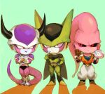  3boys akame_(chokydaum) arthropod_boy black_sclera black_underwear candy cell_(dragon_ball) chibi chocolate closed_mouth collarbone colored_sclera colored_skin crossed_arms dragon_ball dragon_ball_z food frieza holding holding_candy holding_chocolate holding_food holding_lollipop horns insect_wings lollipop looking_at_another looking_at_viewer majin_buu multiple_boys pink_eyes pink_skin red_eyes smile standing super_buu tail wings 