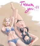 2girls :d arm_up armpits bare_arms bare_legs barefoot bikini black_bikini blonde_hair blue_bikini blue_eyes blue_hair breasts byleth_(female)_(fire_emblem) byleth_(fire_emblem) commentary cowboy_shot feet feet_out_of_frame fire_emblem fire_emblem:_three_houses fire_emblem_heroes flower green_eyes hair_flower hair_ornament highres knee_up large_breasts legs long_hair looking_at_viewer lying multiple_girls navel official_alternate_costume on_back open_mouth pomelomelon princess_zelda red_flower smile stomach swimsuit thank_you the_legend_of_zelda the_legend_of_zelda:_tears_of_the_kingdom thighs toenails toes upside-down 