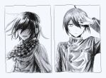  2boys :d ahoge breast_pocket buttons checkered_clothes checkered_scarf closed_mouth danganronpa_(series) danganronpa_v3:_killing_harmony double-breasted frown greyscale hair_between_eyes hand_up jacket kasou_(roomno404_) long_sleeves messy_hair monochrome multiple_boys oma_kokichi open_mouth pocket saihara_shuichi scarf short_hair smile 