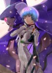  1girl absurdres arched_back ayanami_rei blue_hair bob_cut bodysuit breasts breasts_apart closed_mouth cowboy_shot eva_00 evangelion_(mecha) highres interface_headset looking_at_viewer mecha medium_breasts nagase_jp neon_genesis_evangelion one-eyed pilot_suit plugsuit red_eyes robot science_fiction short_hair solo standing white_bodysuit 