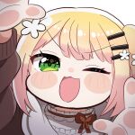  1girl :d ;d against_fourth_wall blonde_hair blush_stickers brown_cardigan cardigan chibi commentary_request flower frilled_shirt_collar frills gradient_hair green_eyes hair_flower hair_ornament hairclip highres hololive long_sleeves looking_at_viewer medium_hair momosuzu_nene momosuzu_nene_(2nd_costume) multicolored_hair nabe_(nabe_otome) official_alternate_costume official_alternate_hairstyle one_eye_closed open_mouth pink_hair shirt simple_background smile solo twintails upper_body v-shaped_eyebrows virtual_youtuber white_background white_shirt 