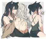 2girls animal_ear_fluff animal_ears arknights bare_shoulders bite_mark bite_mark_on_arm bite_mark_on_back bite_mark_on_neck bite_mark_on_shoulder black_hair blush breasts brown_jacket extra_ears finger_to_mouth grey_background grey_hair hair_between_eyes hair_bun hand_on_own_face holding jacket lappland_(arknights) long_hair medium_breasts multiple_girls off_shoulder one_eye_closed open_clothes open_jacket open_mouth orange_eyes oripathy_lesion_(arknights) scar scar_across_eye scar_on_back scar_on_face seri_(vyrlw) short_hair simple_background single_hair_bun sitting smile sweat tail texas_(arknights) two-tone_background underwear white_background wolf_ears wolf_girl wolf_tail yuri 