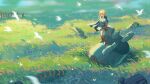  absurdres bird blue_eyes blue_tunic boots fence grass guardian_(breath_of_the_wild) highres leather leather_boots light_brown_hair link meadow nature scenery short_ponytail sidelocks sword sword_on_back the_legend_of_zelda the_legend_of_zelda:_breath_of_the_wild weapon weapon_on_back white_bird wide_shot x.x.d.x.c 