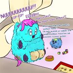  bad_roomie block blonde_hair blue_body blue_fur blueberry_(disambiguation) bowl breasts container english_text feces female feral fluffy_pony fur group hair hi_res human kibble litter_box mammal purple_hair scat text trio 